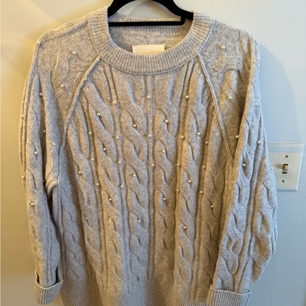 Aerie Light Gray Cable Knit Sweater with Pearl Details